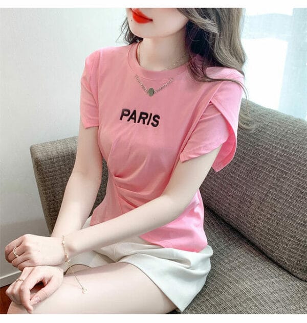 Hot Selling 2 Colors Chain Collar Letters Embroidery Pleated Tees 3