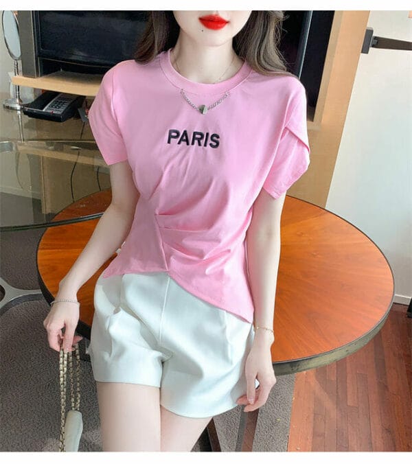 Hot Selling 2 Colors Chain Collar Letters Embroidery Pleated Tees 2