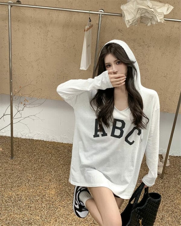 Hot Selling 2 Colors Letters Hooded Loosen Cotton T-shirt 2