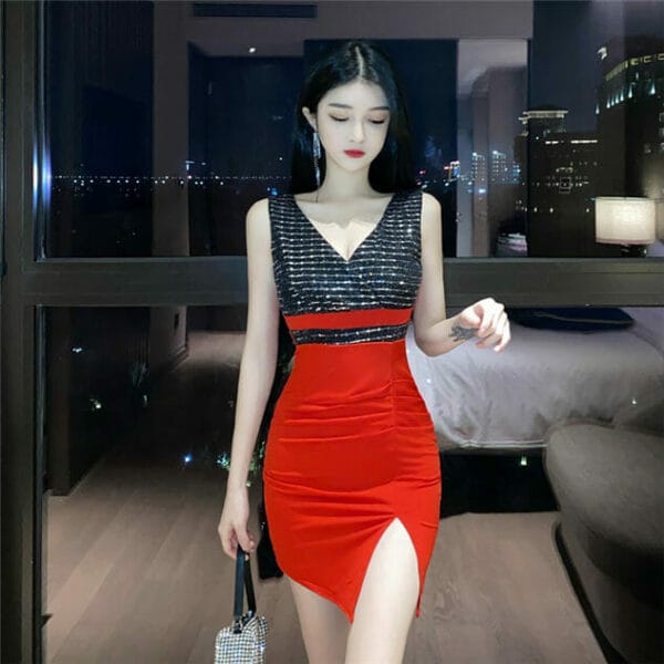 Hot Selling 2 Colors Sequins V-neck Skinny Tank Dress 2