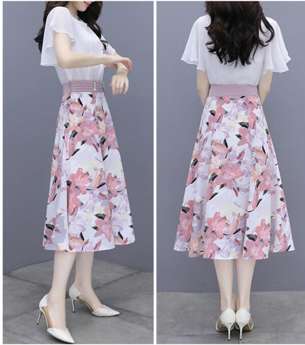 Hot Selling 3 Colors Chiffon Blouse with Flowers A-line Skirt 6