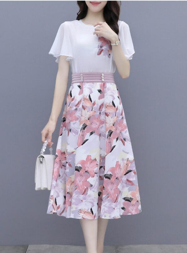 Hot Selling 3 Colors Chiffon Blouse with Flowers A-line Skirt 5