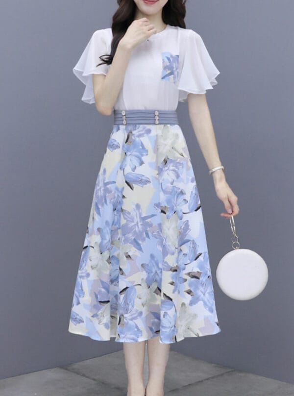 Hot Selling 3 Colors Chiffon Blouse with Flowers A-line Skirt 4