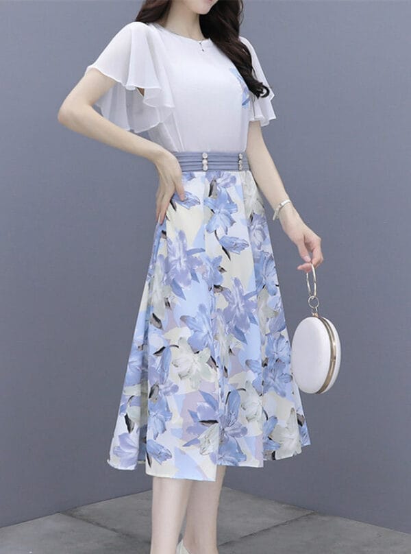 Hot Selling 3 Colors Chiffon Blouse with Flowers A-line Skirt 3