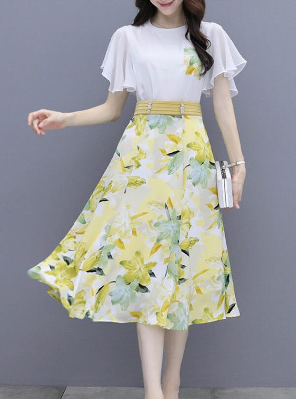 Hot Selling 3 Colors Chiffon Blouse with Flowers A-line Skirt 2