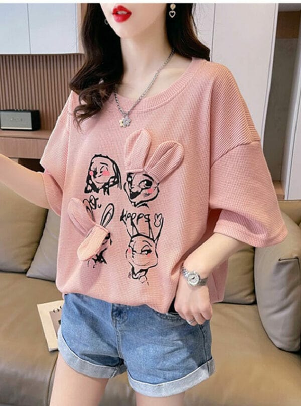 Hot Selling 4 Colors Cartoon Rabbits Batwing Loosen T-shirt 1