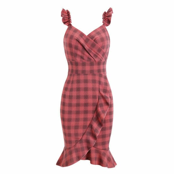 Hot Selling Fitted Waist Plaids Fishtail Straps Dress 5