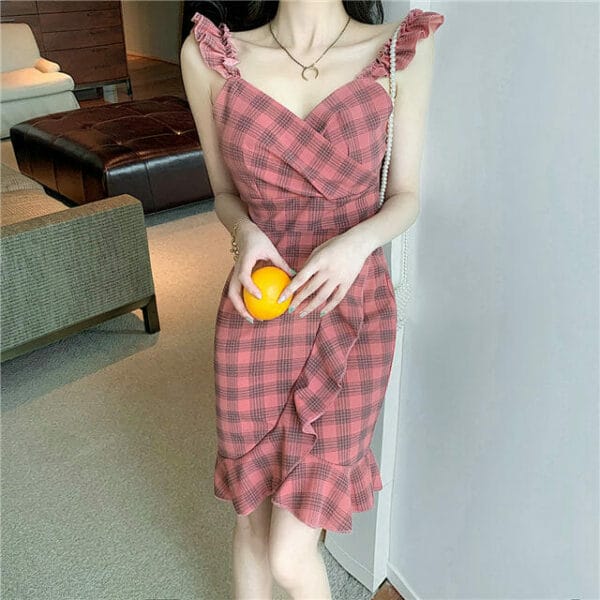 Hot Selling Fitted Waist Plaids Fishtail Straps Dress 4