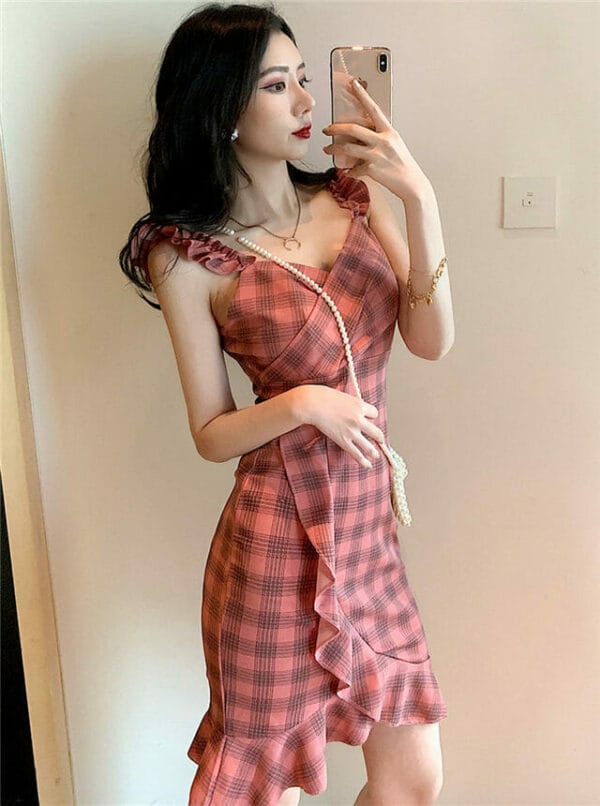 Hot Selling Fitted Waist Plaids Fishtail Straps Dress 1