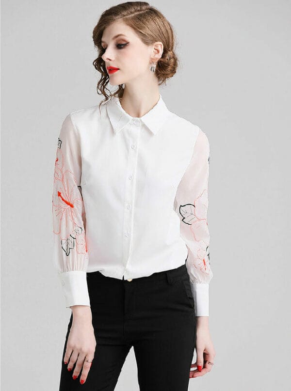 Hot Selling Flowers Embroidery Puff Sleeve Blouse 4