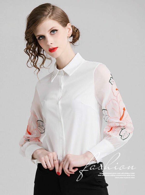 Hot Selling Flowers Embroidery Puff Sleeve Blouse 2