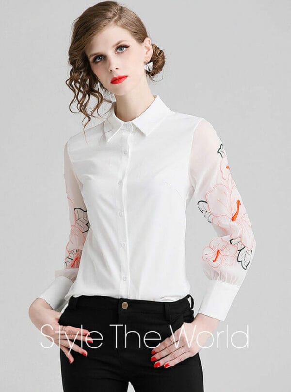 Hot Selling Flowers Embroidery Puff Sleeve Blouse 1