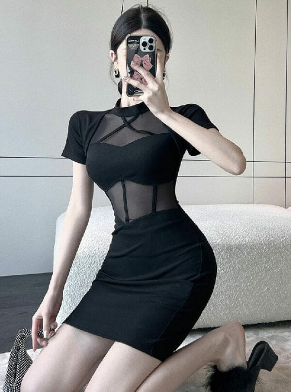 Hot Selling Gauze Transparent Splice Slim Short Sleeve Dress 4