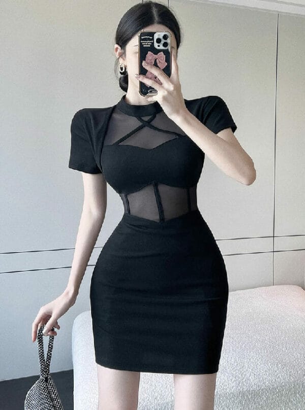 Hot Selling Gauze Transparent Splice Slim Short Sleeve Dress 1