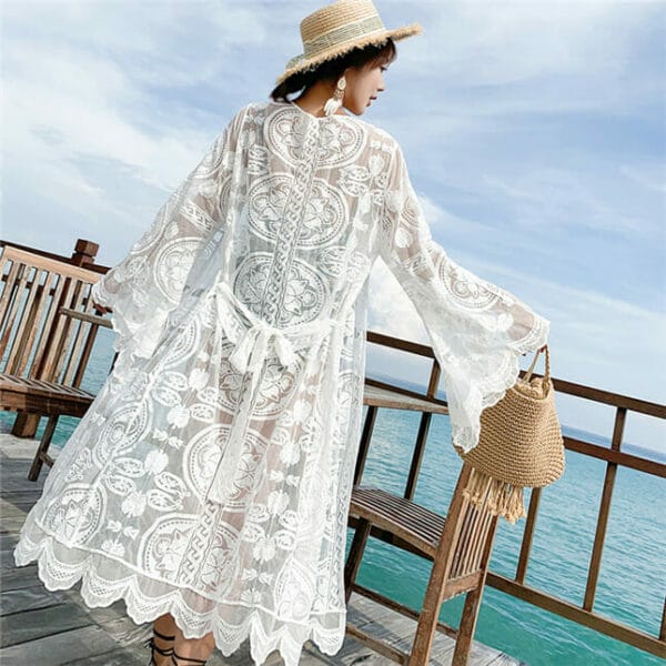 Hot Selling Lace Flowers Flare Sleeve Bikini Cover Dress 5