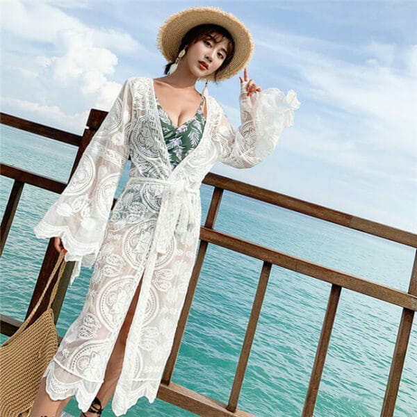 Hot Selling Lace Flowers Flare Sleeve Bikini Cover Dress 4