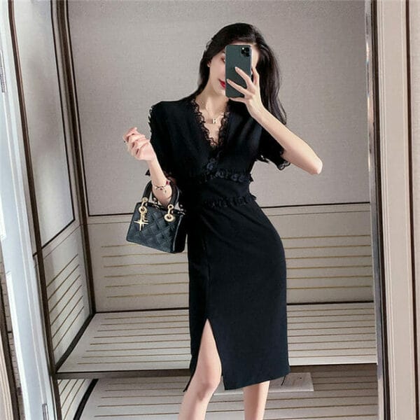 Hot Selling Lace V-neck Fitted Waist Short Sleeve Dress 2