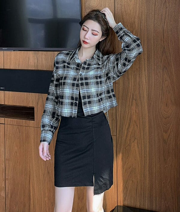 Hot Selling Plaids Blouse with V-neck Straps Skinny Dress 3