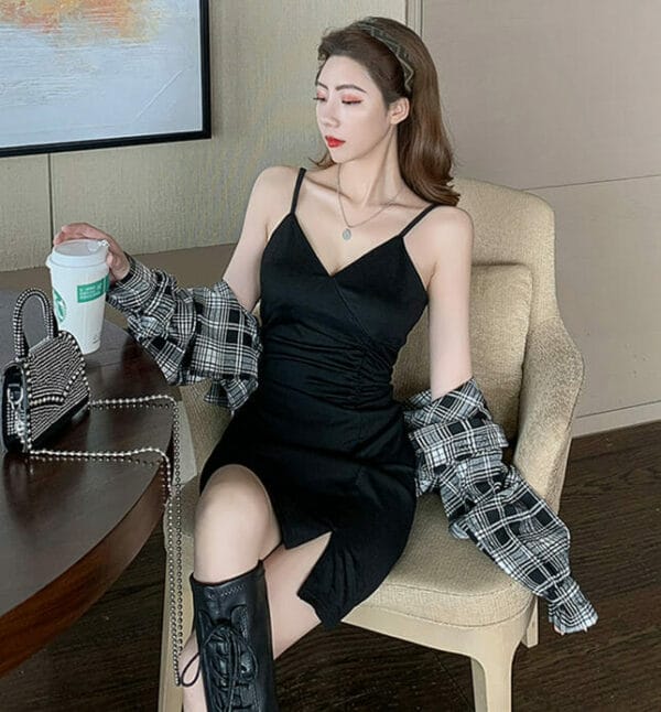 Hot Selling Plaids Blouse with V-neck Straps Skinny Dress 2