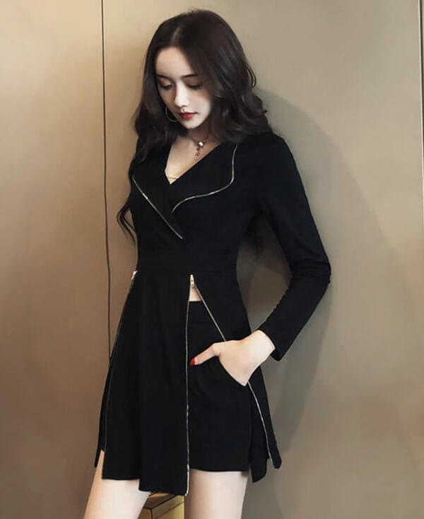 Hot Selling Tailored Collar Zipper Split Dress with Short Pants 4