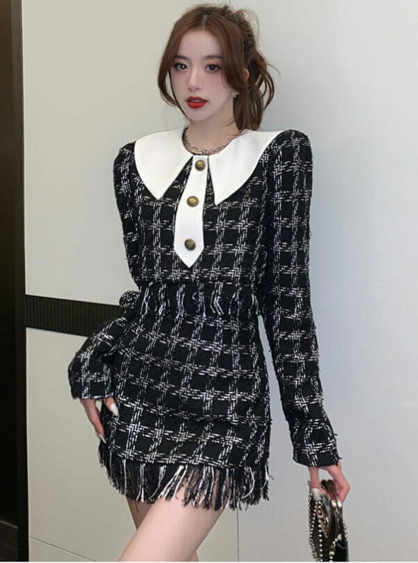Ins Fashion 2 Colors Doll Collar Tassels Plaids Tweed Dress Set 1