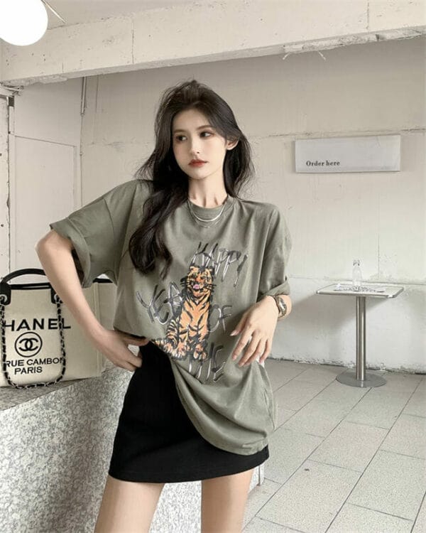 Ins Fashion 2 Colors Tiger Printings Oversize Cotton T-shirt 6