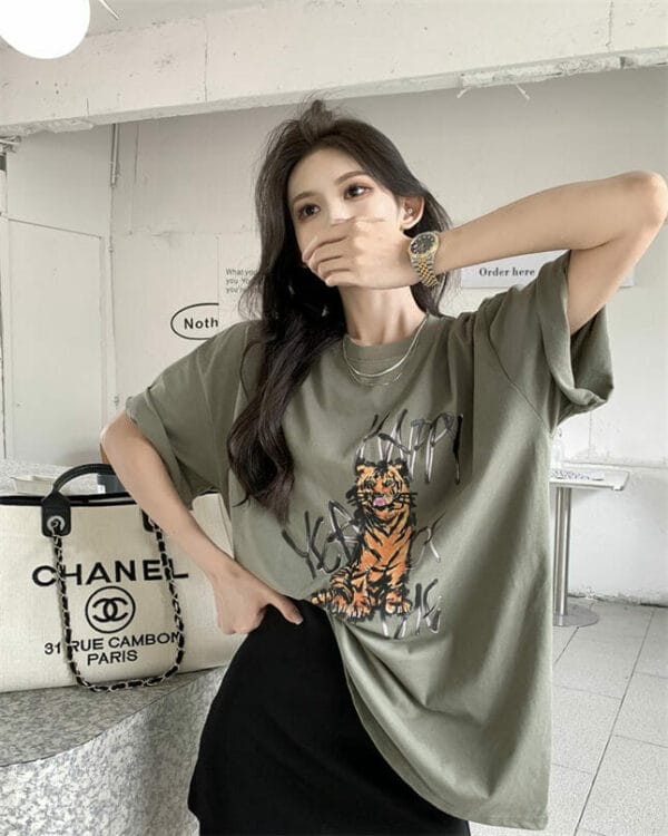 Ins Fashion 2 Colors Tiger Printings Oversize Cotton T-shirt 5