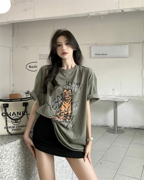 Ins Fashion 2 Colors Tiger Printings Oversize Cotton T-shirt 4