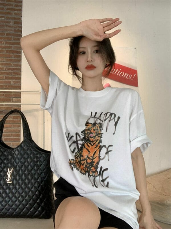 Ins Fashion 2 Colors Tiger Printings Oversize Cotton T-shirt 2