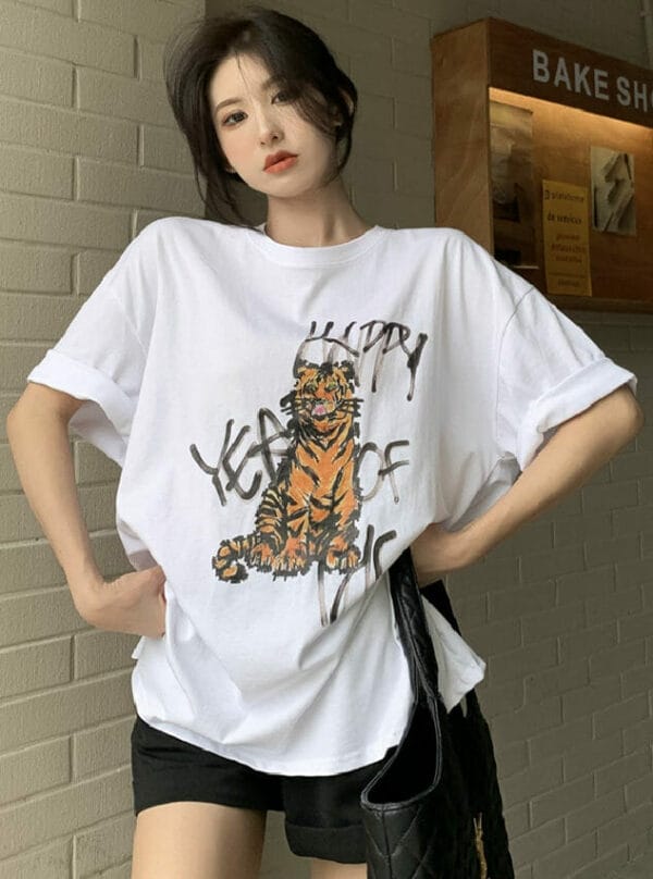 Ins Fashion 2 Colors Tiger Printings Oversize Cotton T-shirt 1