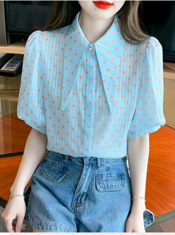 Ins Fashion Pointed Collar Puff Sleeve Dots Blouse 3