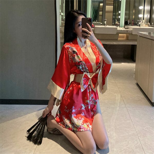 Japan Sexy 2 Colors Low Bust Bowknot Waist Kimono Dress 5