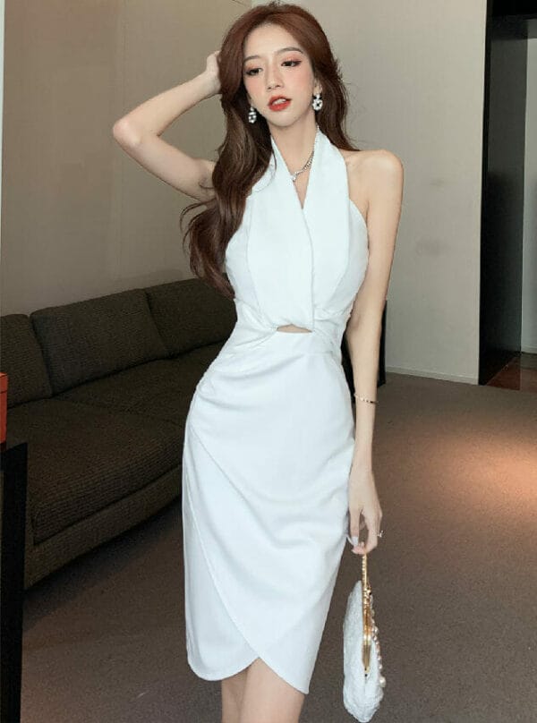 Korea 2 Colors Halter Backless Pleated Slim Dress 6