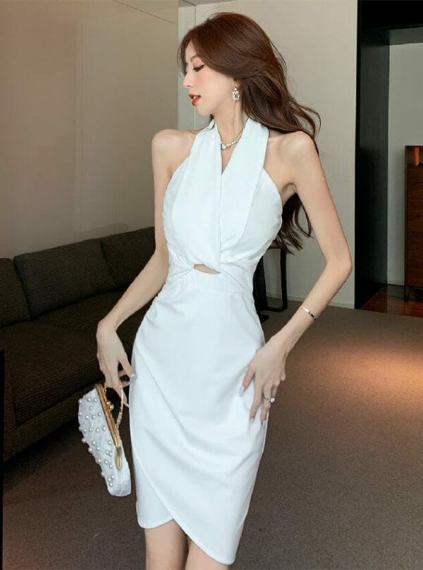 Korea 2 Colors Halter Backless Pleated Slim Dress 4