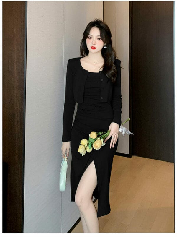 Korea 2 Colors Short Blouse with Straps Split Dress 6