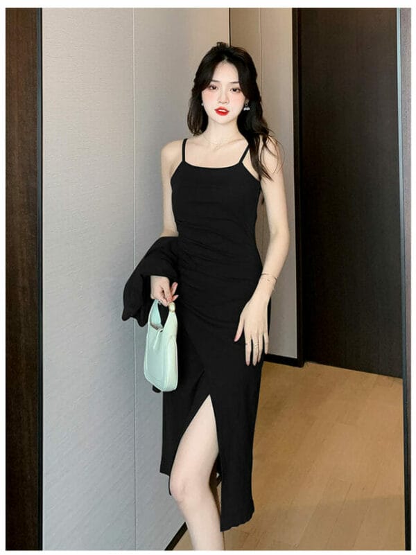 Korea 2 Colors Short Blouse with Straps Split Dress 5