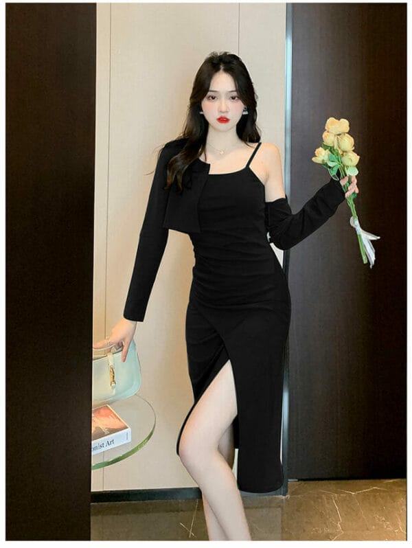 Korea 2 Colors Short Blouse with Straps Split Dress 4