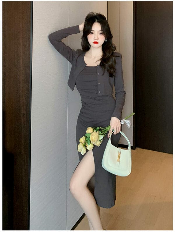 Korea 2 Colors Short Blouse with Straps Split Dress 3