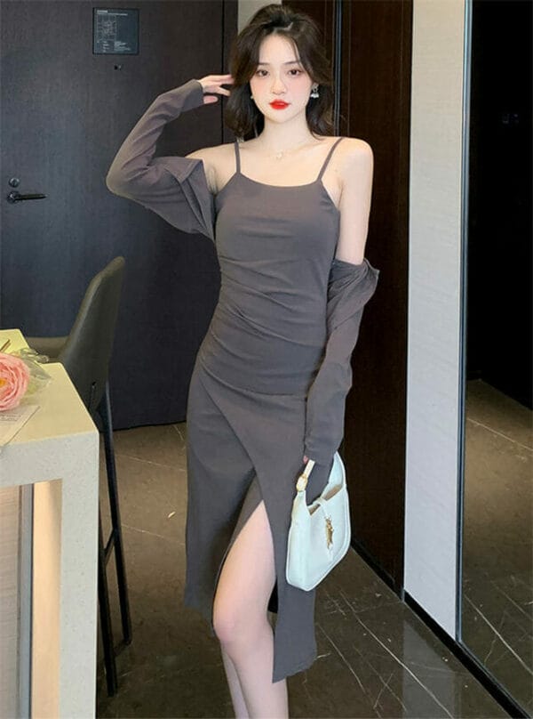 Korea 2 Colors Short Blouse with Straps Split Dress 1