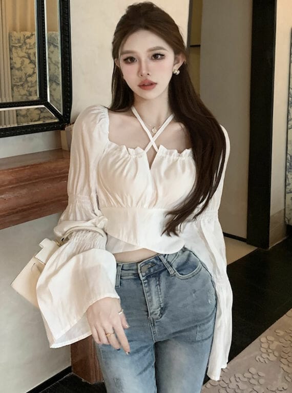 Korea 2 Colors Tie Waist Flare Sleeve Short Blouse • Seoulinspired