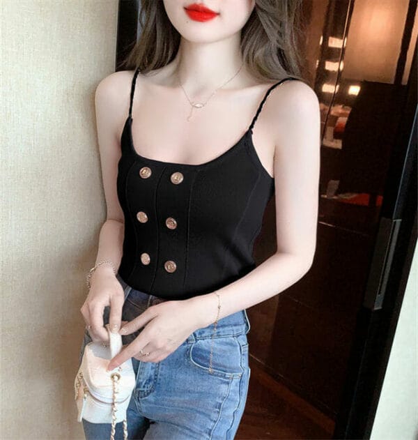 Korea 3 Colors Double-breasted Chain Straps Knitting Camisole 5