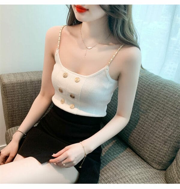 Korea 3 Colors Double-breasted Chain Straps Knitting Camisole 4