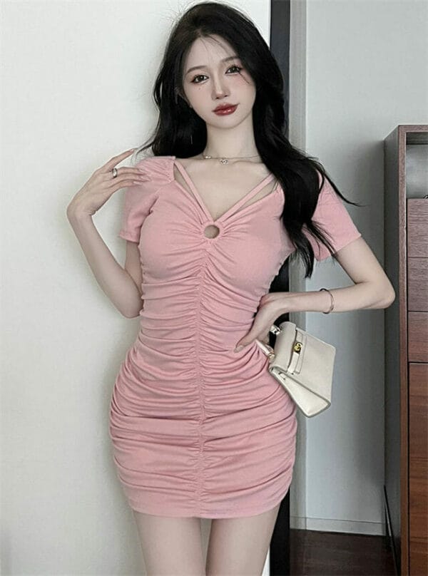 Korea 3 Colors Pleated V-neck Skinny Dress 1