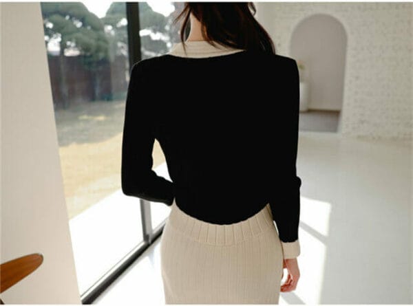 Korea Autumn Buttons Open Pleated Knitting Two Pieces Dress 5