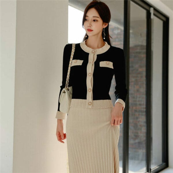 Korea Autumn Buttons Open Pleated Knitting Two Pieces Dress 4