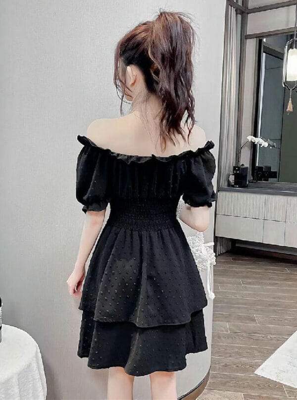 Korea Boat Neck Elastic Waist Flouncing Dress 5