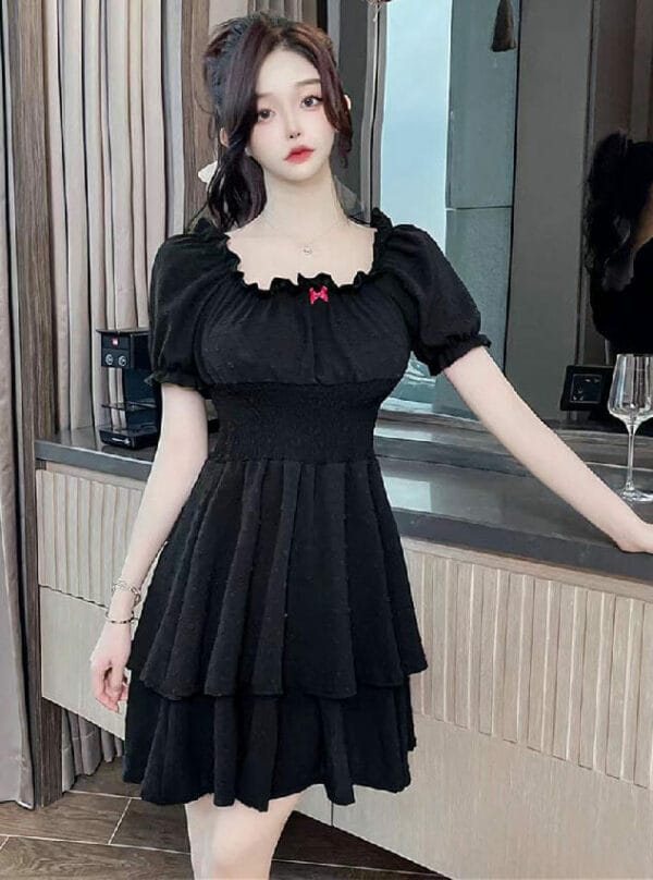 Korea Boat Neck Elastic Waist Flouncing Dress 4