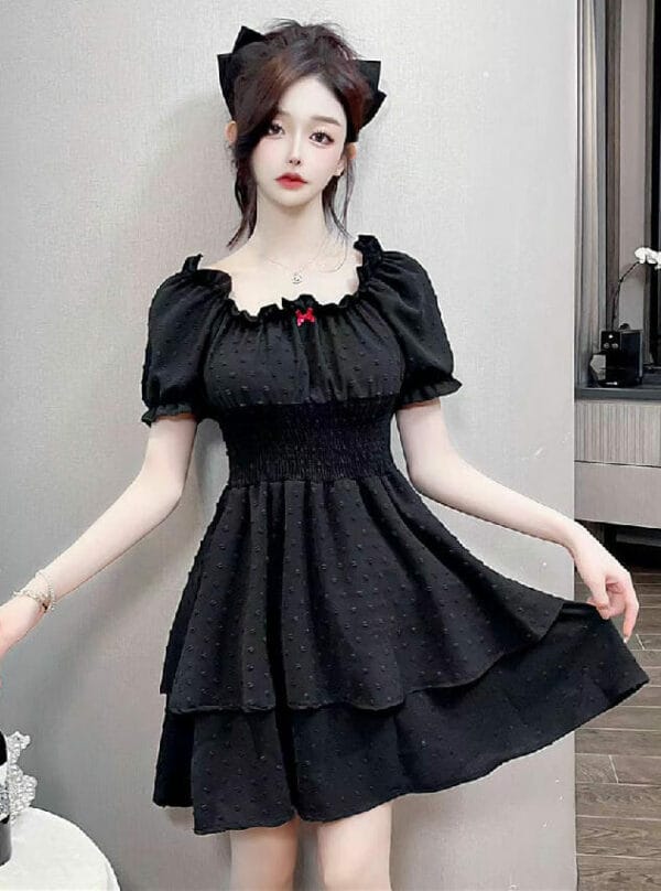 Korea Boat Neck Elastic Waist Flouncing Dress 3