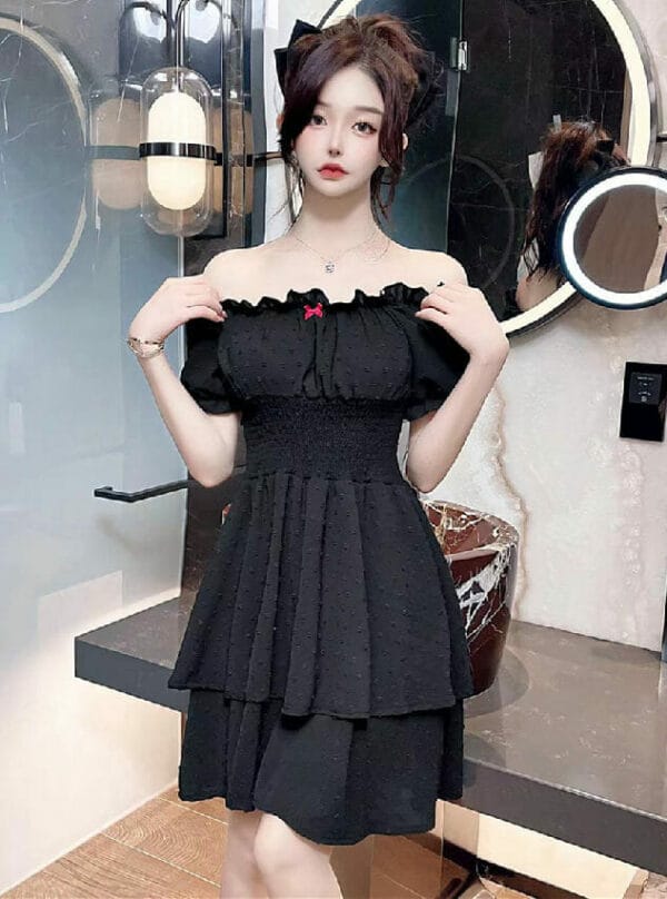 Korea Boat Neck Elastic Waist Flouncing Dress 2