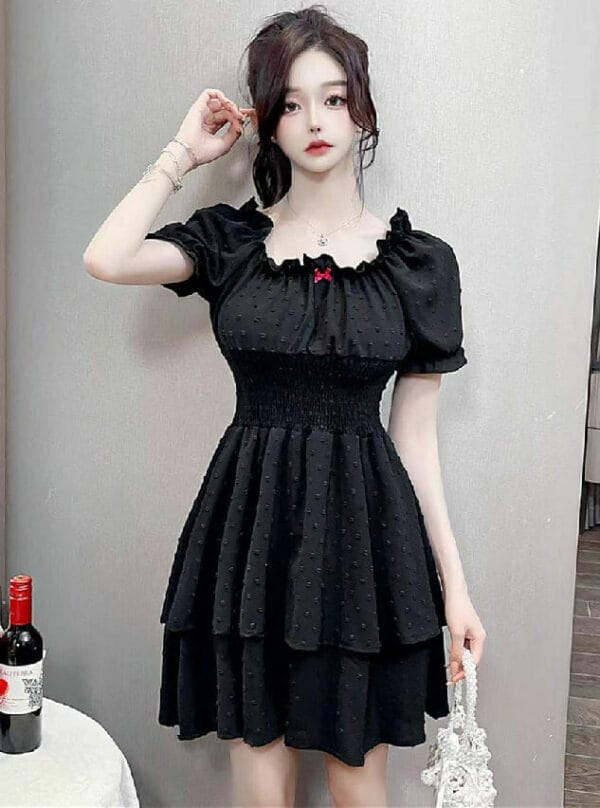 Korea Boat Neck Elastic Waist Flouncing Dress 1